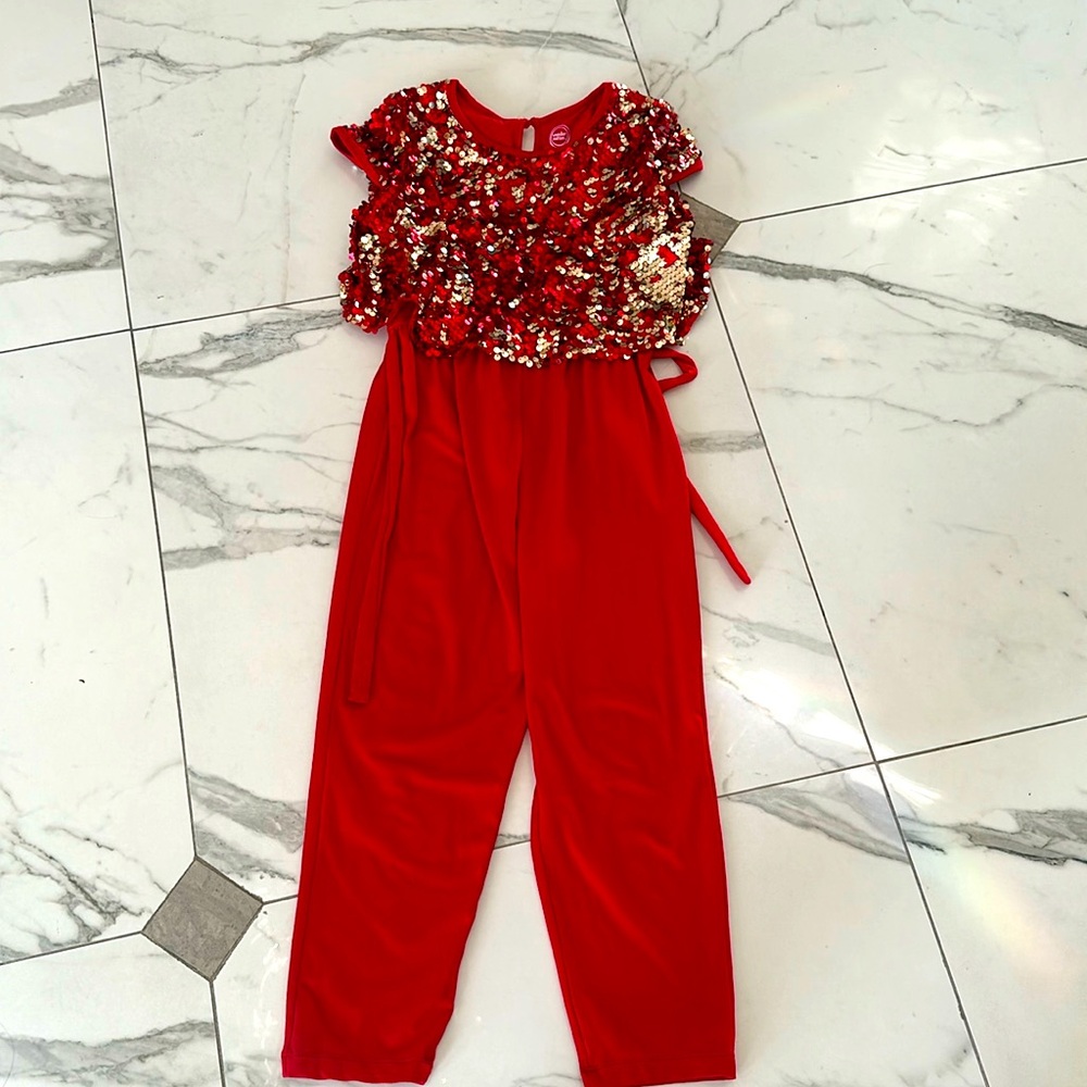 Wonder nation size 10-12red jumpsuit with sparkle overlay top